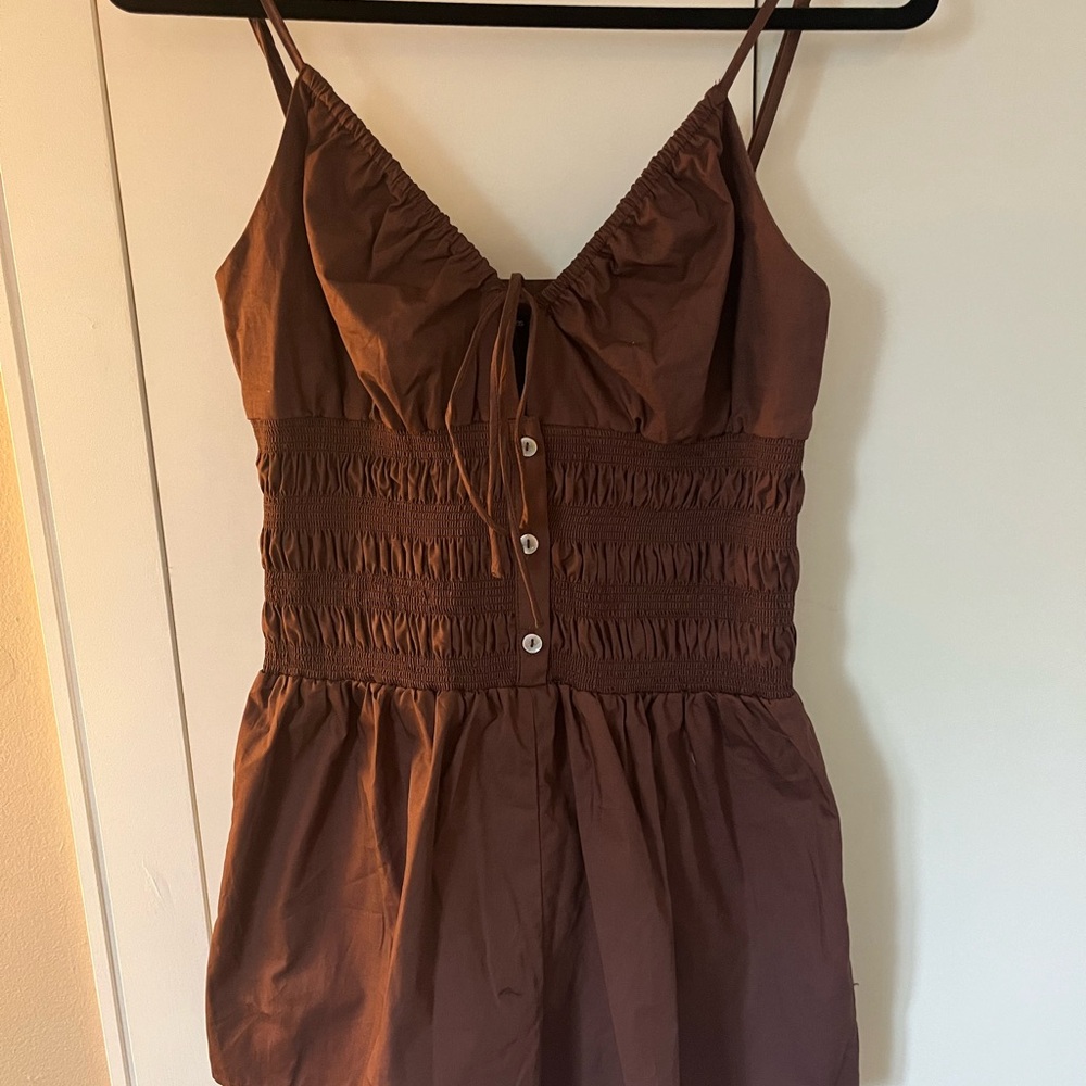 ASOS Chocolate Brown Romper shirred waist tie detail